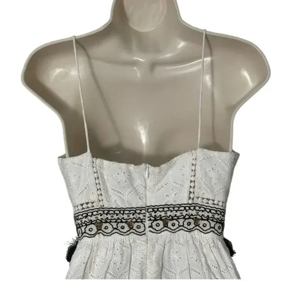 Hemant & Nandita Sleeveless White Eyelet‎ Black Tassel Midi Dress Size XS